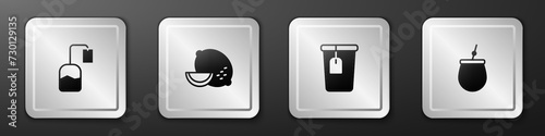 Set Tea bag, Lemon, Cup with tea and Mate icon. Silver square button. Vector