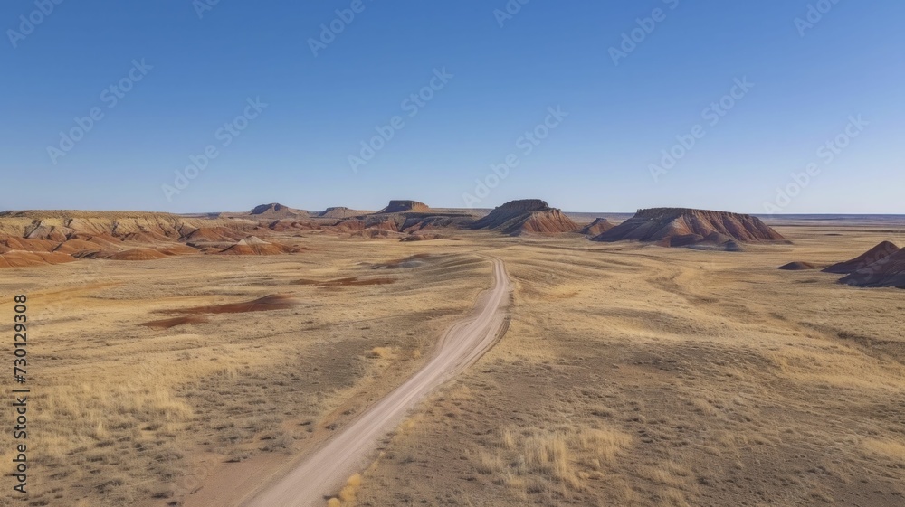 Stark, minimalist portrayal of the Painted Desert with a single road cutting through, under a clear blue sky, emphasizing emptiness and scale Stark, minimalist portrayal of the Painted Desert with a single road cutting through, under a clear blue sky, emphasizing emptiness and scale