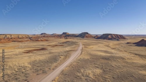 Stark, minimalist portrayal of the Painted Desert with a single road cutting through, under a clear blue sky, emphasizing emptiness and scale