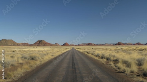 Bare-bones depiction of the Painted Desert, featuring a solitary road under a vast blue sky, to underscore the vastness and solitude.