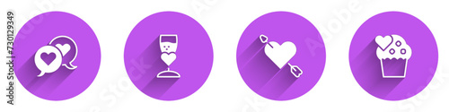 Set Heart in speech bubble, Glass of champagne, Amour with heart and arrow and Wedding cake icon with long shadow. Vector