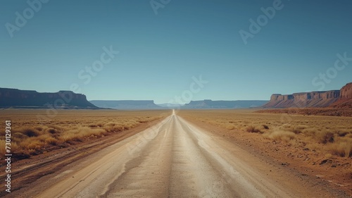Simple rendition of the Painted Desert, where a singular road slices through, set against a wide blue sky, accentuating the sheer scale and emptiness.