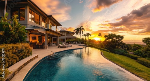 Twilight Oasis: Spectacular Luxury Estate with Swimming Pool Overlooking Hawaiian Sunset © AIGen