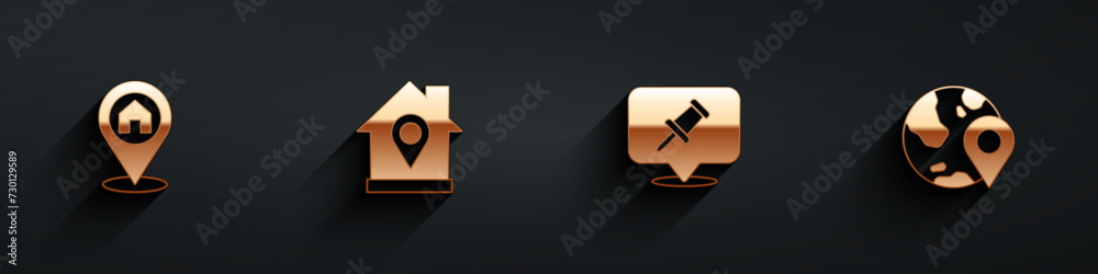 Set Location with house, Push pin and the globe icon with long shadow. Vector Set Location with house, Push pin and the globe icon with long shadow. Vector