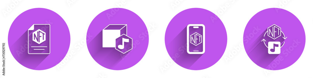 Set NFT contract, Digital crypto art, Mobile with store app and icon with long shadow. Vector Set NFT contract, Digital crypto art, Mobile with store app and icon with long shadow. Vector