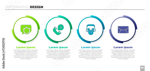 Set Speech bubble chat, Declined or missed phone call, Headphones with question and Mail and e-mail. Business infographic template. Vector