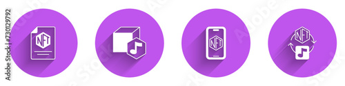 Set NFT contract, Digital crypto art, Mobile with store app and icon with long shadow. Vector