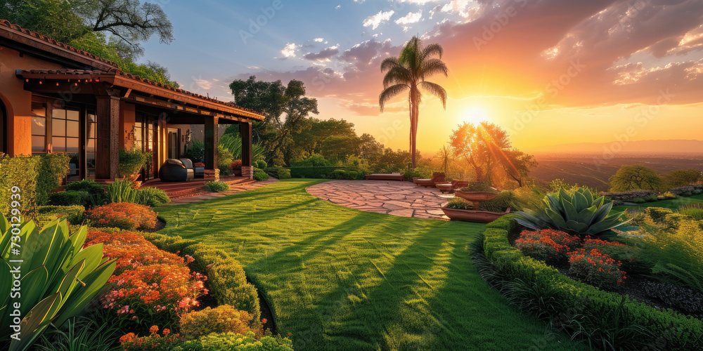  landscape design ideas for green garden a sunset, residential house backyard background. medern house eksterior
