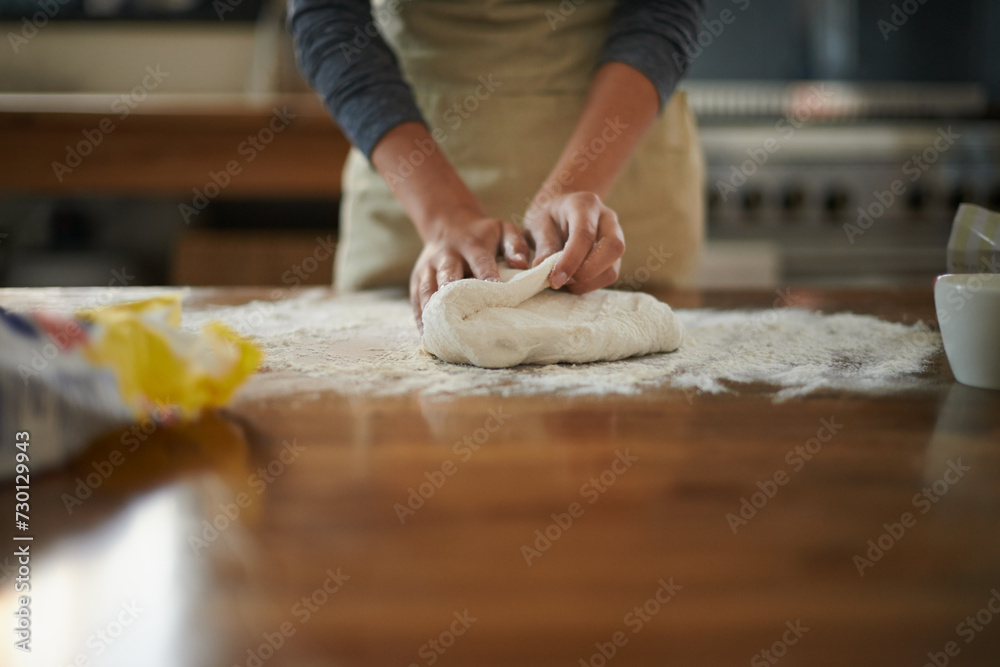 Hands, dough and flour on kitchen counter at bakery, bread or pizza with meal prep, catering and cooking. Culinary, chef or baker person with pastry preparation, ingredients and food for nutrition