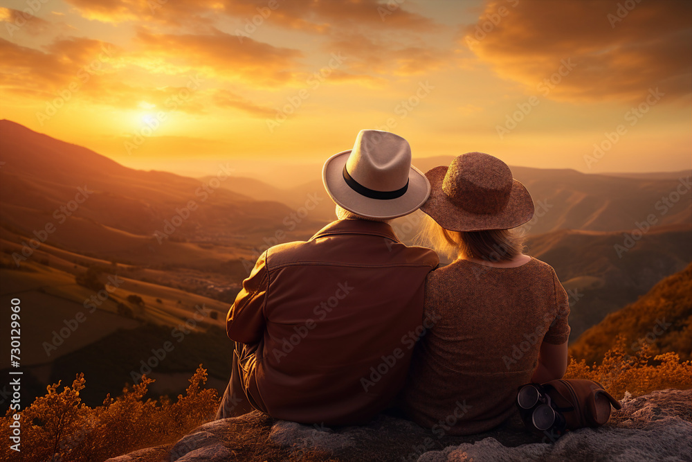 Elderly happy couple enjoying life together admiting sunset in mountains Generative AI technology picture image