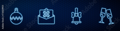 Set line Merry Christmas ringing bell, ball, postcard and Glass of champagne. Glowing neon icon on brick wall. Vector