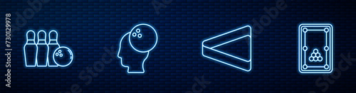 Set line Billiard triangle, Bowling pin and ball, and table. Glowing neon icon on brick wall. Vector