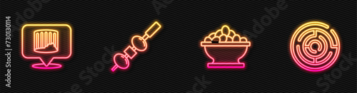 Set line Olives in bowl, Ancient column, and cheese on chopstick and Minotaur labyrinth. Glowing neon icon. Vector