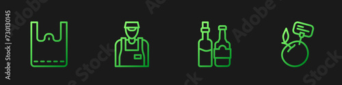 Set line Whiskey bottle, Paper shopping bag, Seller and Supermarket food products with price label. Gradient color icons. Vector