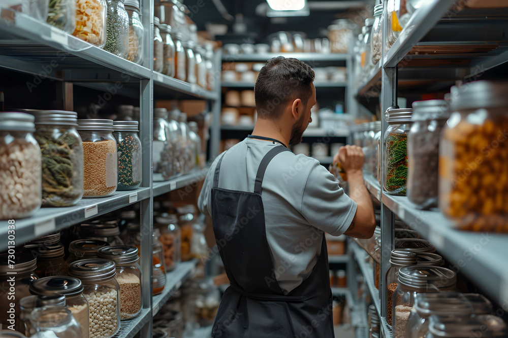 Warehouse Worker Checking Jars of Spices on Shelves