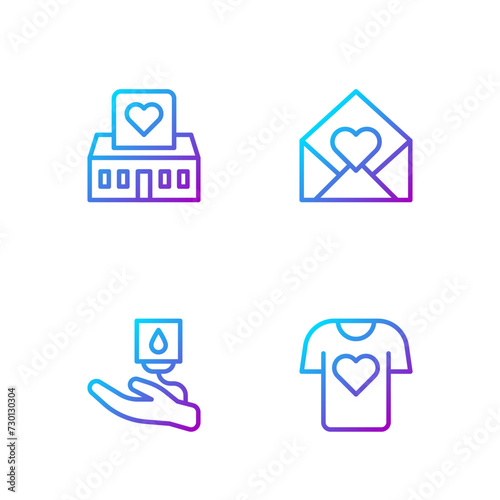 Set line Clothes donation, Blood, Volunteer center and Envelope with Valentine heart. Gradient color icons. Vector