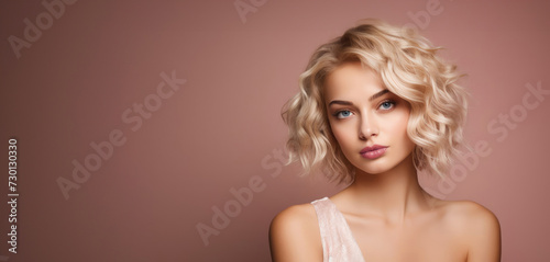 Fashion photo background banner. Beautiful blond woman with wavy hair on the pink background