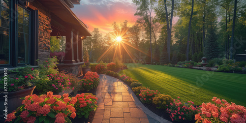  landscape design ideas for green garden a sunset, residential house backyard background. medern house eksterior photo