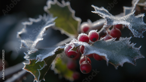 Holly berries covered in frost during a serene winter morning.