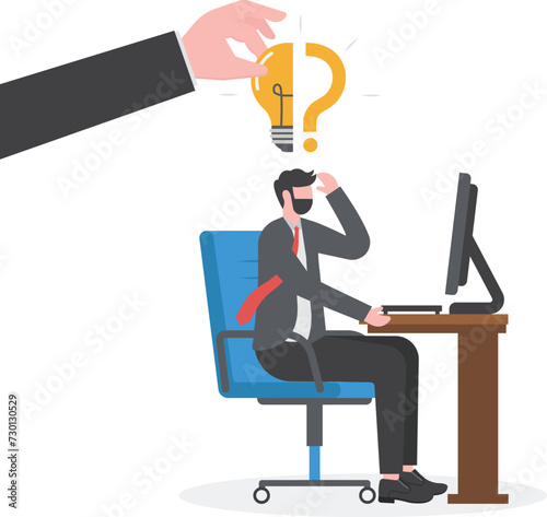 Business problem, idea, decision making and solution, job and career path concept, confusing businessman stand with question mark sign then helping hand put half of lightbulb lamp for bright solution.