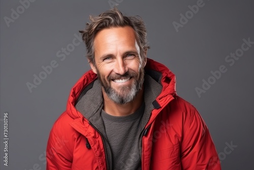 Portrait of a handsome middle-aged man wearing a red jacket