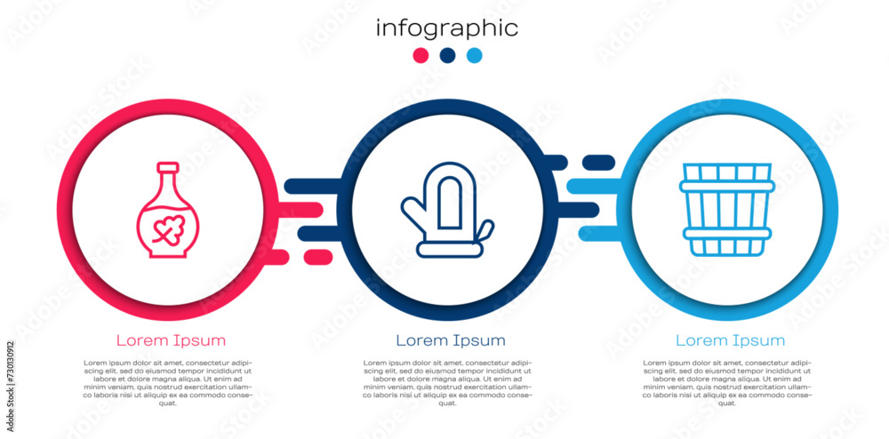 Set line Essential oil bottle, Sauna mitten and bucket. Business infographic template. Vector Set line Essential oil bottle, Sauna mitten and bucket. Business infographic template. Vector