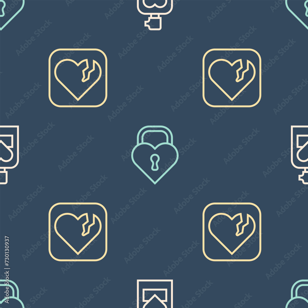 Set line Perfume, Broken heart or divorce and Castle in the shape of on seamless pattern. Vector