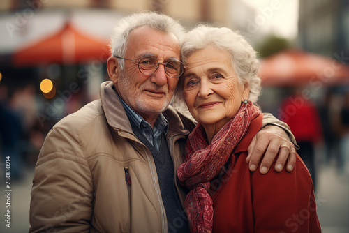 Elderly happy couple enjoying life together styling clothes family portrait Generative AI technology picture image photo