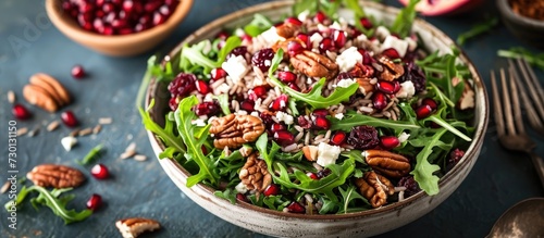 Wild rice arugula salad with pomegranate, pecan nuts, cranberries, and feta cheese. photo