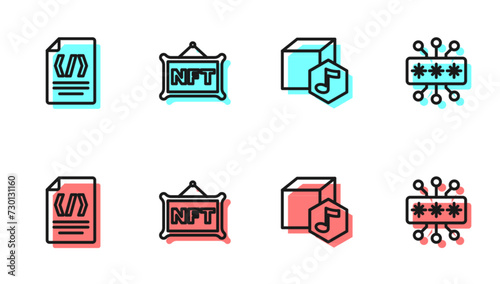 Set line NFT Digital crypto art, Binary code, and Cyber security icon. Vector