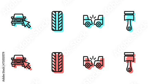 Set line Car accident, Online car sharing, tire wheel and Engine piston icon. Vector