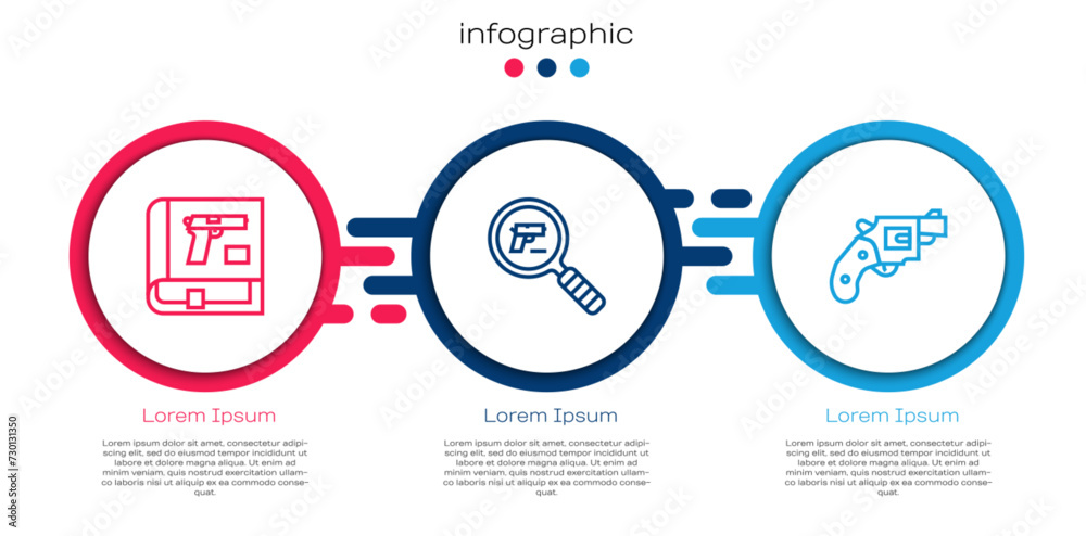 Set line Book with pistol or gun, Pistol search and Small revolver. Business infographic template. Vector Set line Book with pistol or gun, Pistol search and Small revolver. Business infographic template. Vector