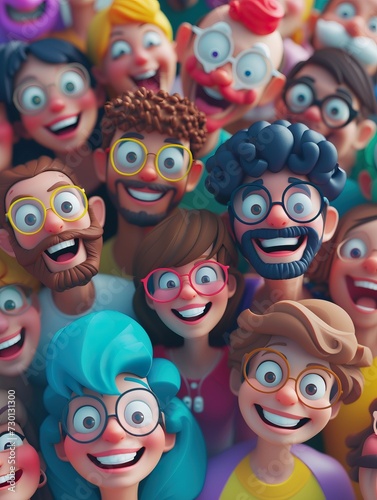 A colorful crowd of cheerful, stylized cartoon characters smiling