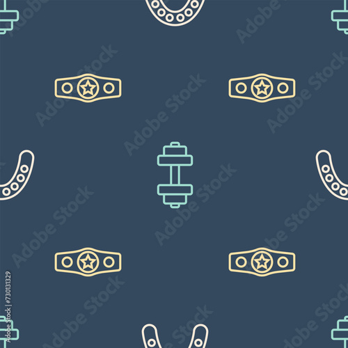 Set line Mouth guard boxer, Boxing belt and Dumbbell on seamless pattern. Vector