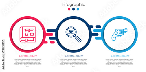 Set line Book with pistol or gun, Pistol search and Small revolver. Business infographic template. Vector