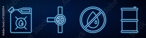 Set line No oil drop, Canister for motor machine oil, Industry pipes and valve, Barrel oil and Oil industrial factory building. Glowing neon icon on brick wall. Vector