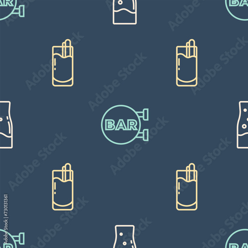 Set line Glass of beer, Cocktail Bloody Mary and Street signboard with Bar on seamless pattern. Vector
