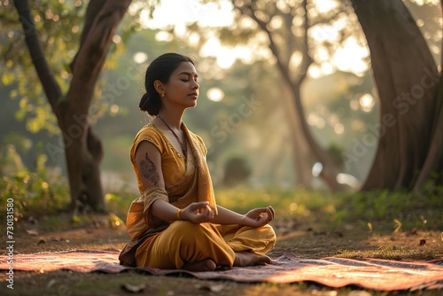 Portrait of young indian woman doing yoga at the park