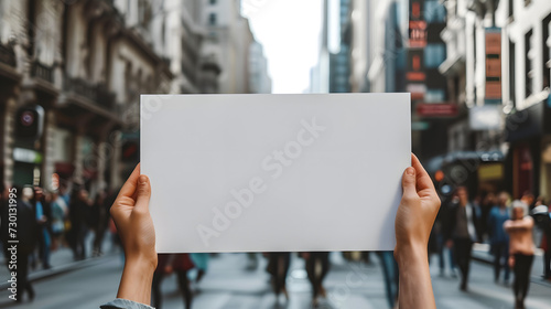 People person hands holding showing blank white empty paper board banner card billboard note board sign on street for text advertising message, protest concept photo