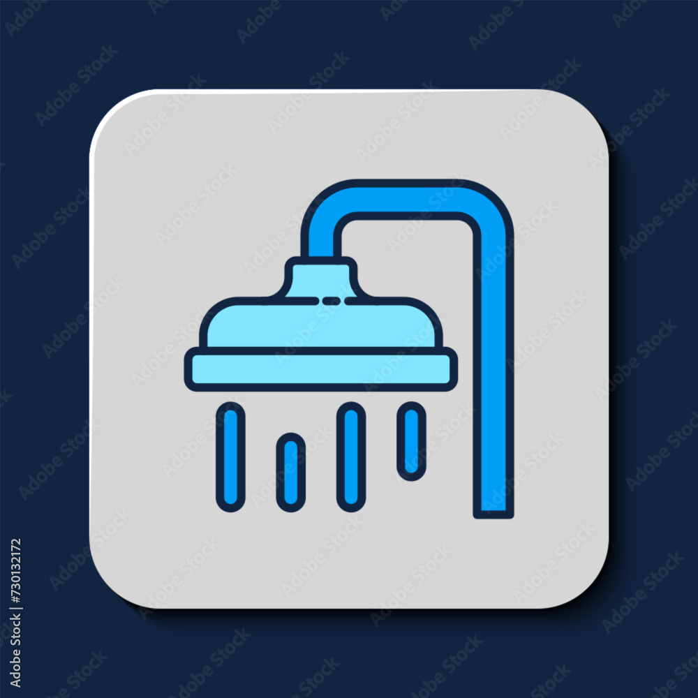 Filled outline Shower head with water drops flowing icon isolated on blue background. Vector Filled outline Shower head with water drops flowing icon isolated on blue background. Vector
