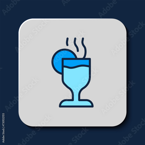Filled outline Mulled wine with glass of drink and ingredients icon isolated on blue background. Cinnamon stick, clove, lemon slice. Vector