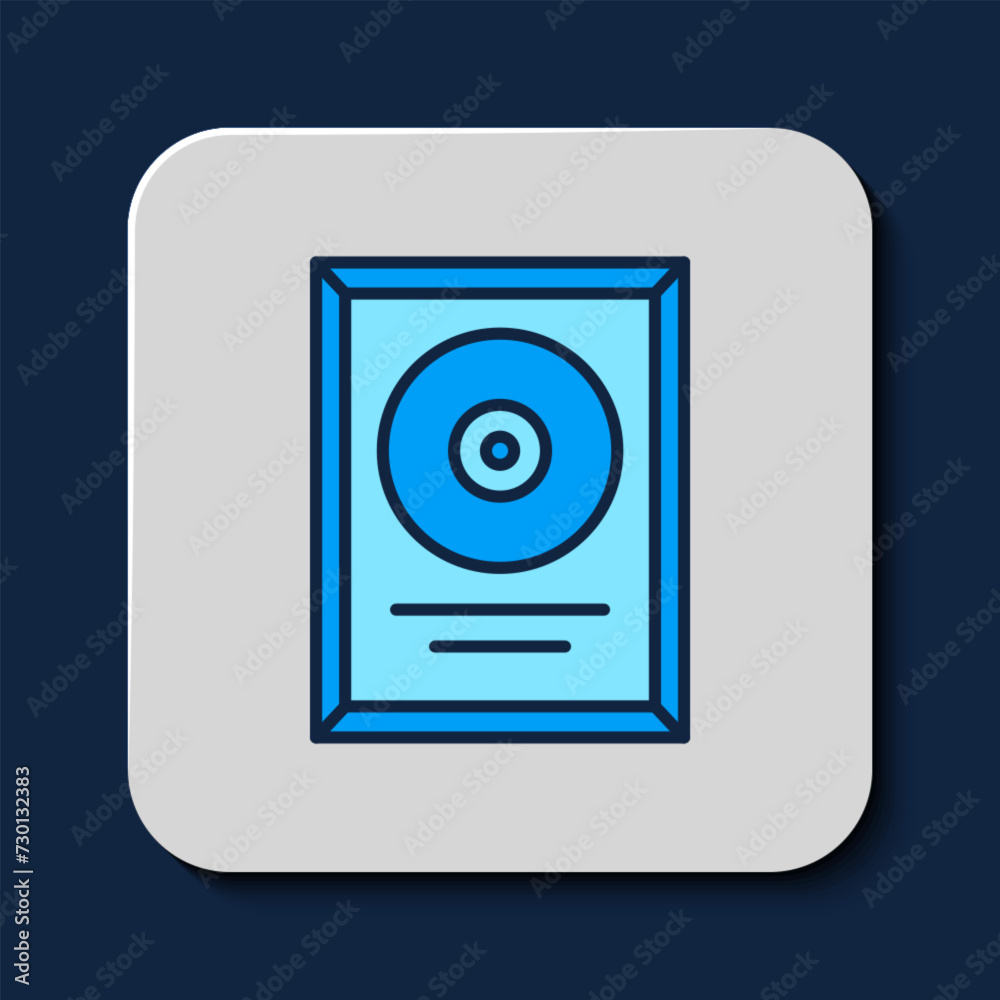Filled outline CD disk award in frame icon isolated on blue background. Modern ceremony. Best seller. Musical trophy. Vector Filled outline CD disk award in frame icon isolated on blue background. Modern ceremony. Best seller. Musical trophy. Vector