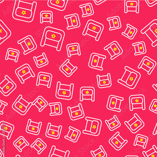 Line Ushanka icon isolated seamless pattern on red background. Russian fur winter hat ushanka with star. Soviet Union uniform of KGB and NKVD. Vector