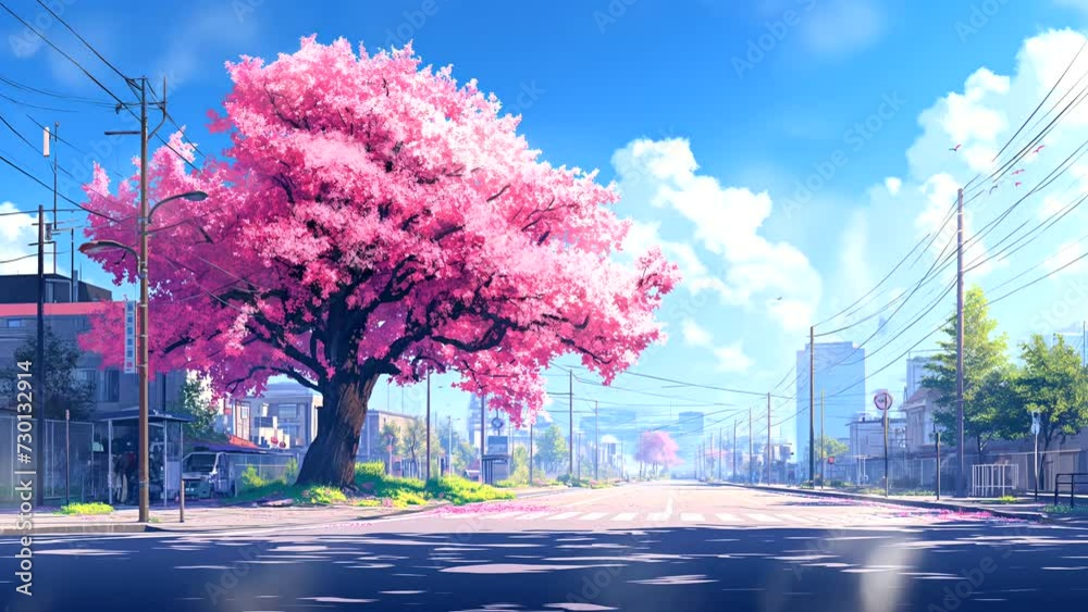 Spring is coming, the city during spring and beautiful cherry blossom trees decorate the city street. seamless looping 4k time-lapse animation video background