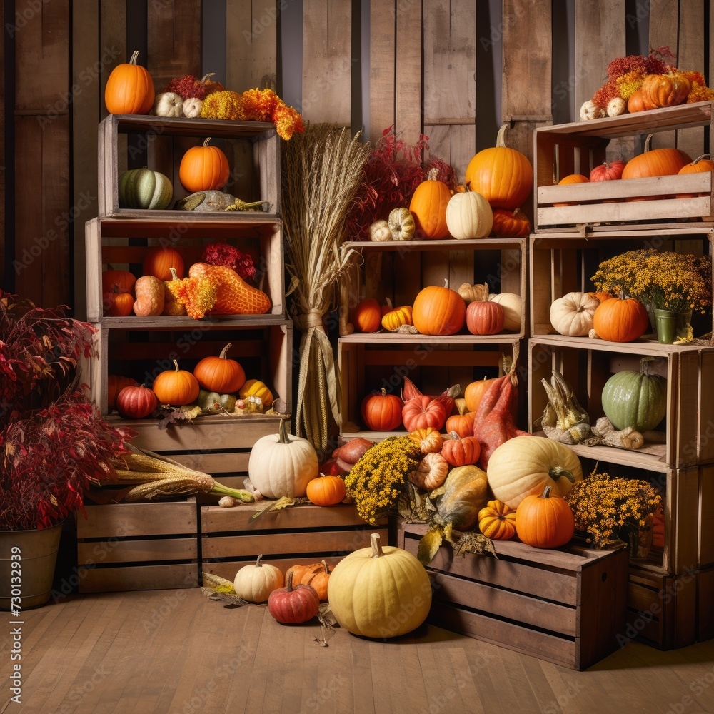 Autumn Harvest Feast: Thanksgiving Backdrop with Colorful Fruit, Cranberry Barrel, and Corn in Wooden Barn
