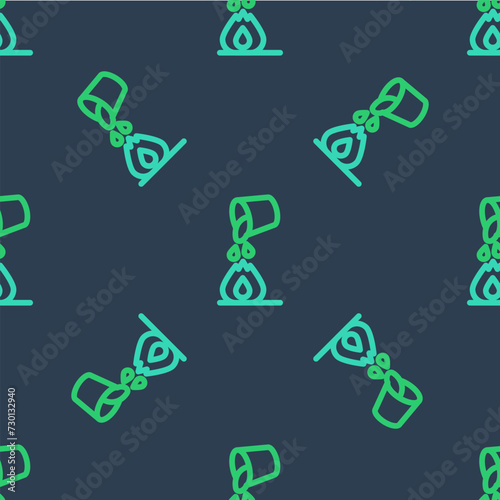 Line Water bucket extinguishing a fire icon isolated seamless pattern on blue background. Vector