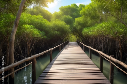 Wood bridge in mangrove green forest. Explore nature. Agriculture and environment protection concept. Cartoon nature illustration. Copy ad text space