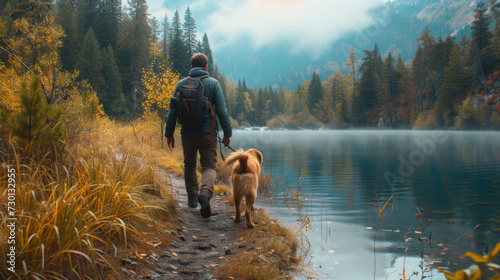 A man and his dog exploring a tranquil lakeside trail, the dog excitedly leading the way © ArtCookStudio