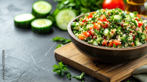 A Mediterranean-inspired tabbouleh salad with parsley, tomatoes, cucumbers, and bulgur wheat photo