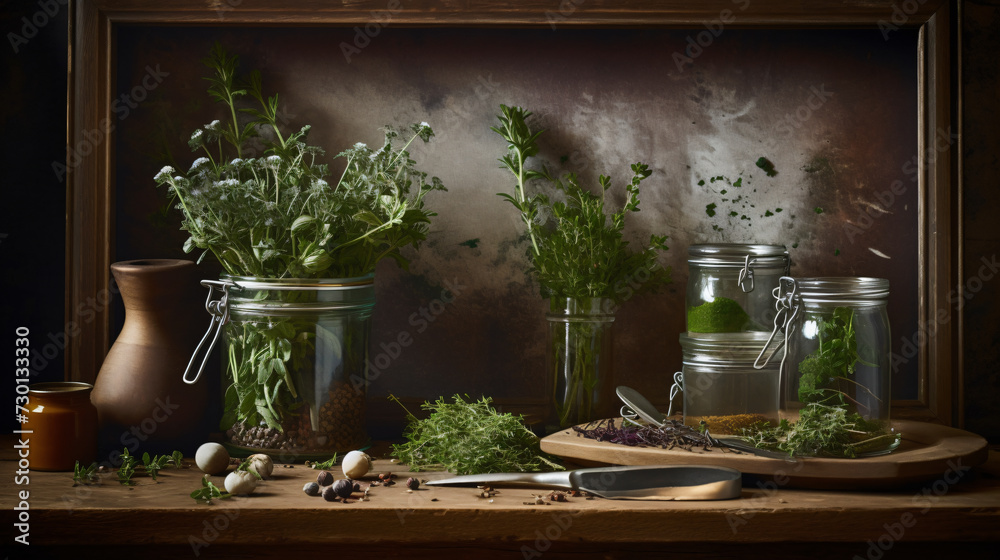 Thyme sprigs arranged in a rustic kitchen setting. Thyme sprigs arranged in a rustic kitchen setting.